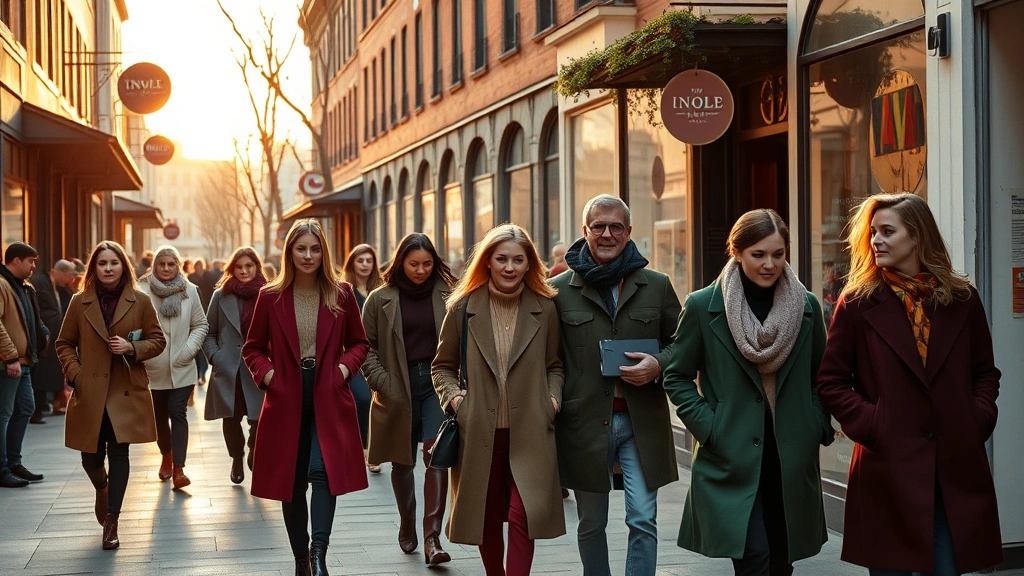 A diverse group of well-dressed people walking through a charming downtown fashion district during golden hour, wearing layered outfits in autumn colors of burgundy and forest green, photorealistic fashion photography.