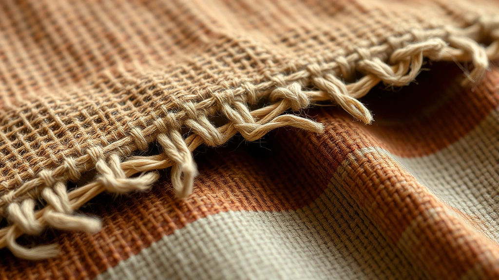 Close-up detail of artisanal textile work showing intricate hand-stitching and sustainable fabric combinations in earthy tones, demonstrating craftsmanship and quality construction typical of local design aesthetic, photorealistic.