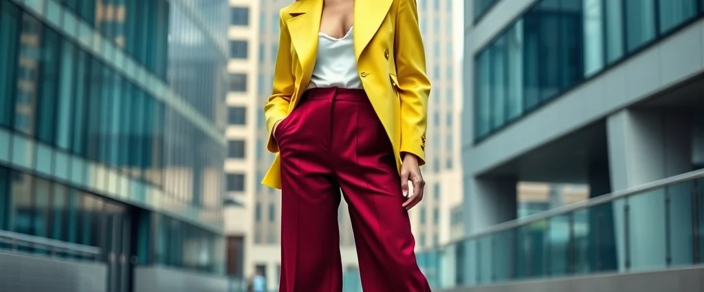 Fashion model wearing vibrant chartreuse blazer paired with deep burgundy wide-leg trousers, dramatic oversized shoulders, standing confidently in modern urban setting with architectural background, professional editorial fashion photography