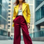 Fashion model wearing vibrant chartreuse blazer paired with deep burgundy wide-leg trousers, dramatic oversized shoulders, standing confidently in modern urban setting with architectural background, professional editorial fashion photography