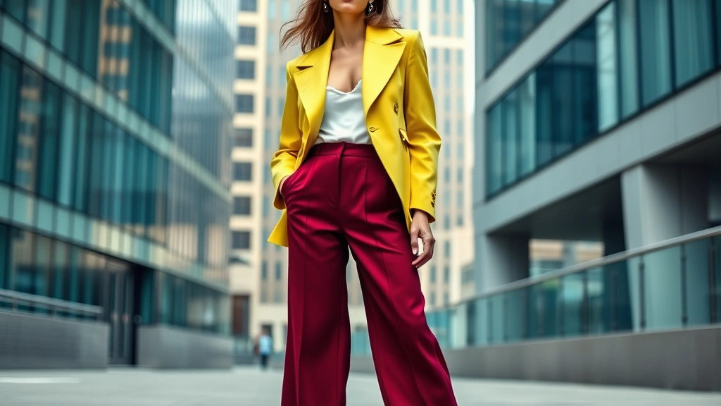 Fashion model wearing vibrant chartreuse blazer paired with deep burgundy wide-leg trousers, dramatic oversized shoulders, standing confidently in modern urban setting with architectural background, professional editorial fashion photography