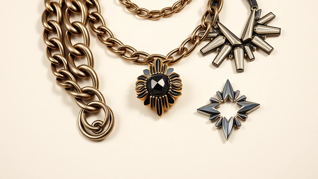 Close-up of statement accessories including chunky chain necklaces, oversized sculptural rings, and bold geometric earrings displayed on neutral background, luxury jewelry styling, professional product photography with dramatic lighting