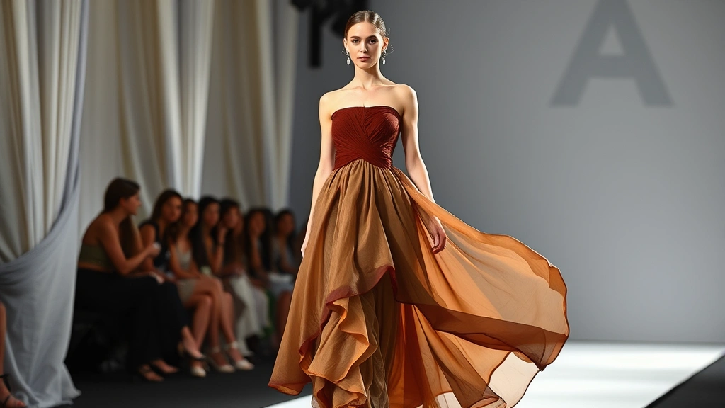 Runway model wearing sustainable luxury evening gown made from recycled materials, flowing silhouette with unexpected asymmetrical hemline, featuring innovative eco-friendly fabric that drapes beautifully, professional fashion show photography