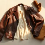 Overhead flat lay of chocolate brown leather jacket, cream silk camisole, caramel wool trousers, and tan suede loafers arranged artfully on neutral background, morning sunlight casting soft shadows, fashion styling composition