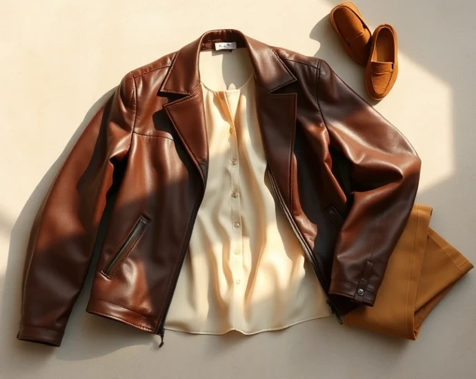 Overhead flat lay of chocolate brown leather jacket, cream silk camisole, caramel wool trousers, and tan suede loafers arranged artfully on neutral background, morning sunlight casting soft shadows, fashion styling composition