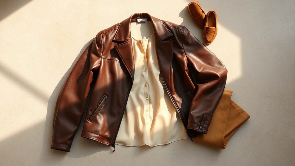 Overhead flat lay of chocolate brown leather jacket, cream silk camisole, caramel wool trousers, and tan suede loafers arranged artfully on neutral background, morning sunlight casting soft shadows, fashion styling composition