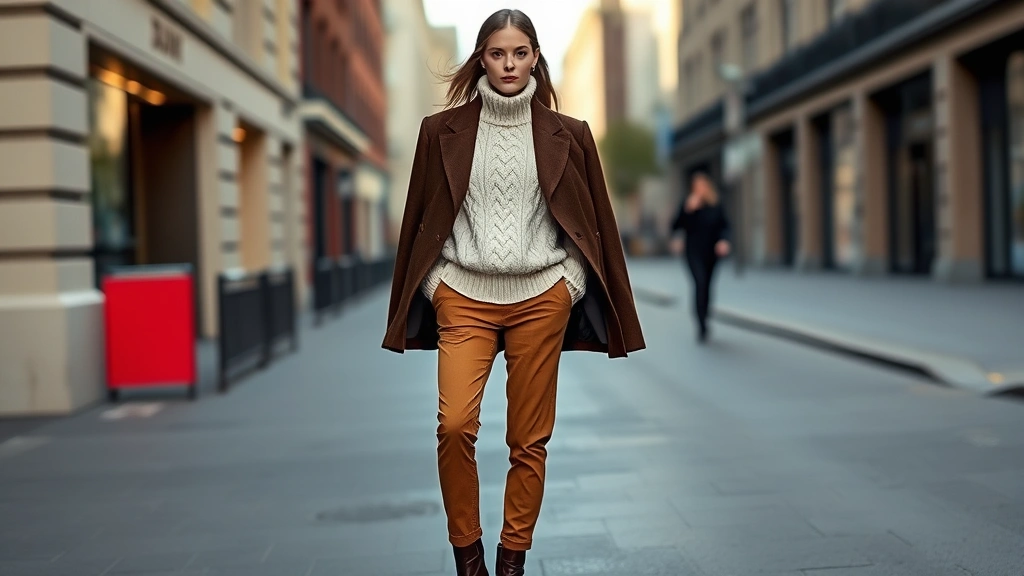 Model wearing oversized cream cable knit sweater layered under chocolate brown structured blazer, paired with fitted caramel trousers and chocolate leather boots, standing in urban street setting, natural daylight, sophisticated casual aesthetic