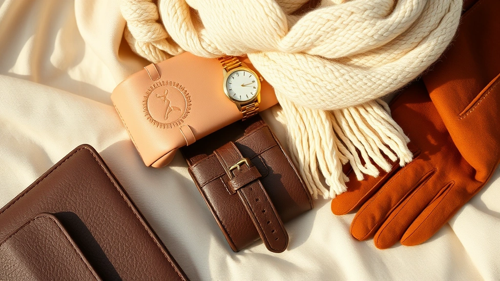 Close-up detail shot of styled accessories including gold watch, cream wool scarf, chocolate brown leather handbag, and caramel suede gloves arranged on cream linen fabric, warm natural lighting highlighting textures and materials