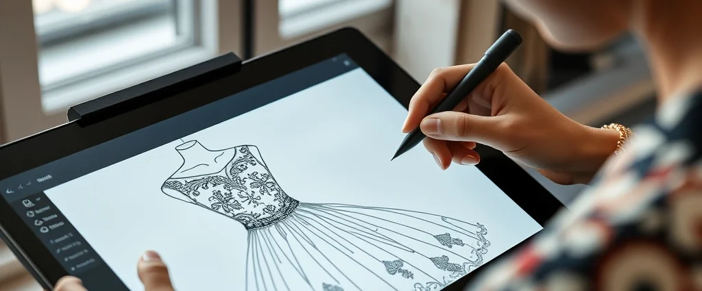 Fashion designer working on digital tablet with clone stamp tool, creating intricate embroidery pattern on elegant dress illustration, professional studio lighting, close-up of design screen