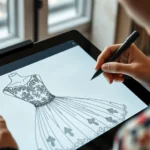 Fashion designer working on digital tablet with clone stamp tool, creating intricate embroidery pattern on elegant dress illustration, professional studio lighting, close-up of design screen