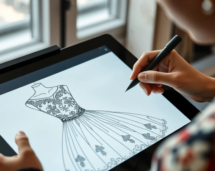 Fashion designer working on digital tablet with clone stamp tool, creating intricate embroidery pattern on elegant dress illustration, professional studio lighting, close-up of design screen