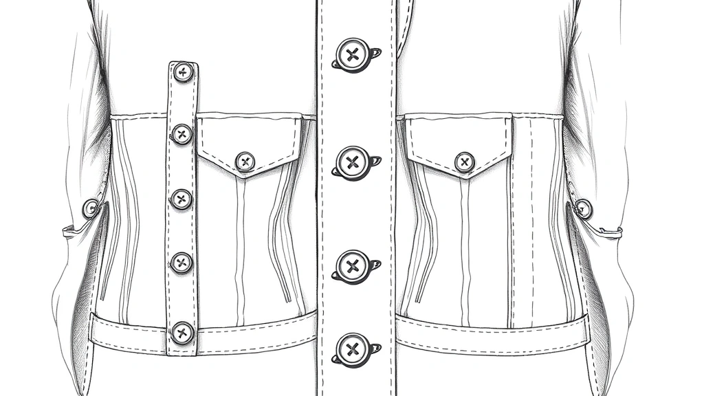 Detailed fashion flat drawing showing symmetrical button placements and pocket configurations created with precise cloning technique, technical fashion illustration in neutral tones