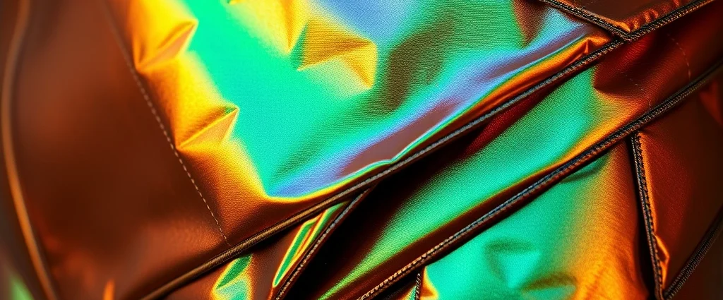 Close-up of iridescent metallic fabric with geometric layered texture reminiscent of insect exoskeleton, deep bronze and emerald tones, photorealistic material study, high fashion styling