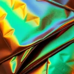 Close-up of iridescent metallic fabric with geometric layered texture reminiscent of insect exoskeleton, deep bronze and emerald tones, photorealistic material study, high fashion styling