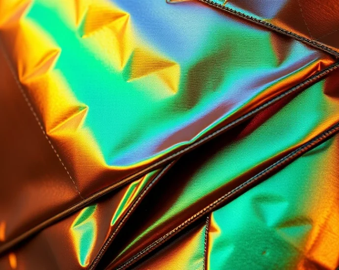 Close-up of iridescent metallic fabric with geometric layered texture reminiscent of insect exoskeleton, deep bronze and emerald tones, photorealistic material study, high fashion styling