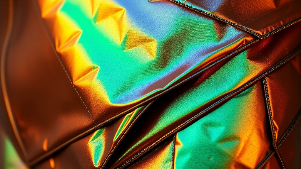 Close-up of iridescent metallic fabric with geometric layered texture reminiscent of insect exoskeleton, deep bronze and emerald tones, photorealistic material study, high fashion styling