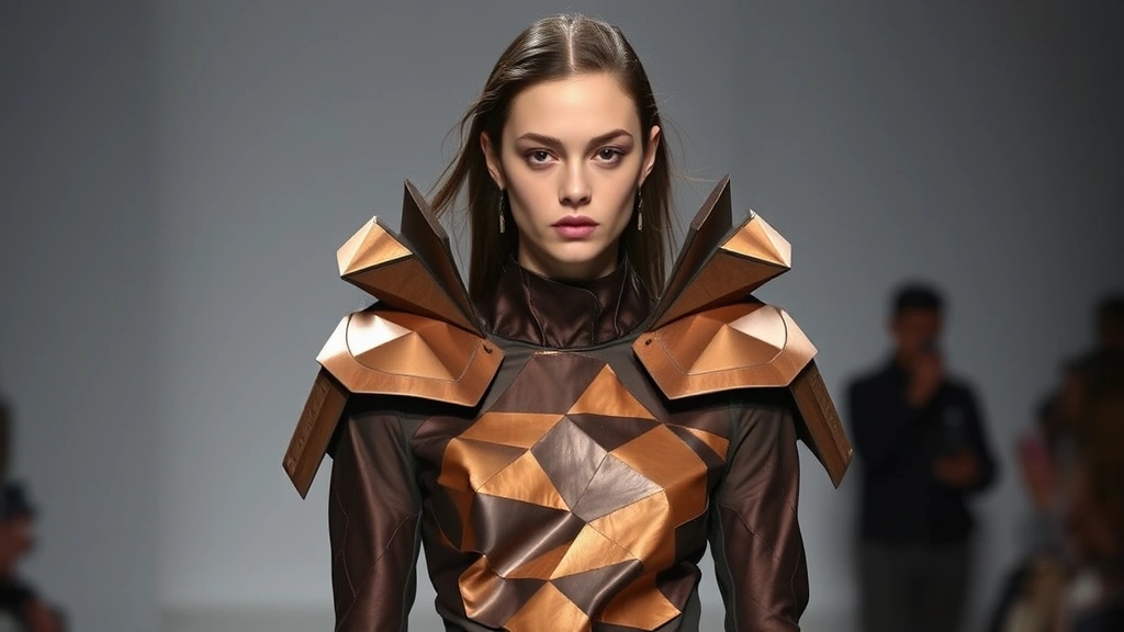 Model wearing avant-garde sculptural garment with angular armor-like shoulder pieces, organic geometric patterns, earthy brown and copper metallics, runway photography, dramatic lighting