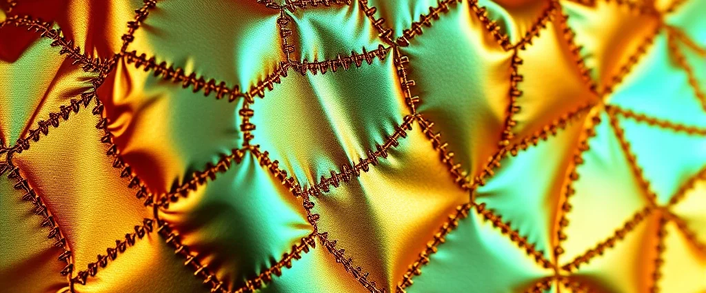 Close-up of iridescent metallic fabric with segmented geometric patterns resembling cockroach exoskeleton texture, bronze and emerald shimmer, luxury textile detail, photorealistic