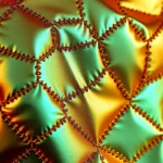 Close-up of iridescent metallic fabric with segmented geometric patterns resembling cockroach exoskeleton texture, bronze and emerald shimmer, luxury textile detail, photorealistic