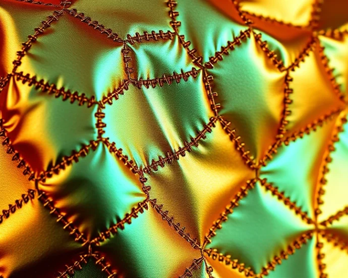 Close-up of iridescent metallic fabric with segmented geometric patterns resembling cockroach exoskeleton texture, bronze and emerald shimmer, luxury textile detail, photorealistic