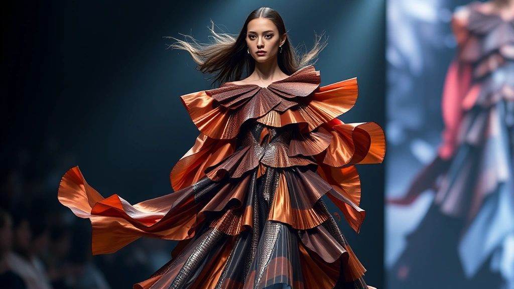 High fashion runway model wearing avant-garde gown with layered chitinous-textured panels in bronze and copper tones, flowing movement, dramatic lighting, editorial photography style