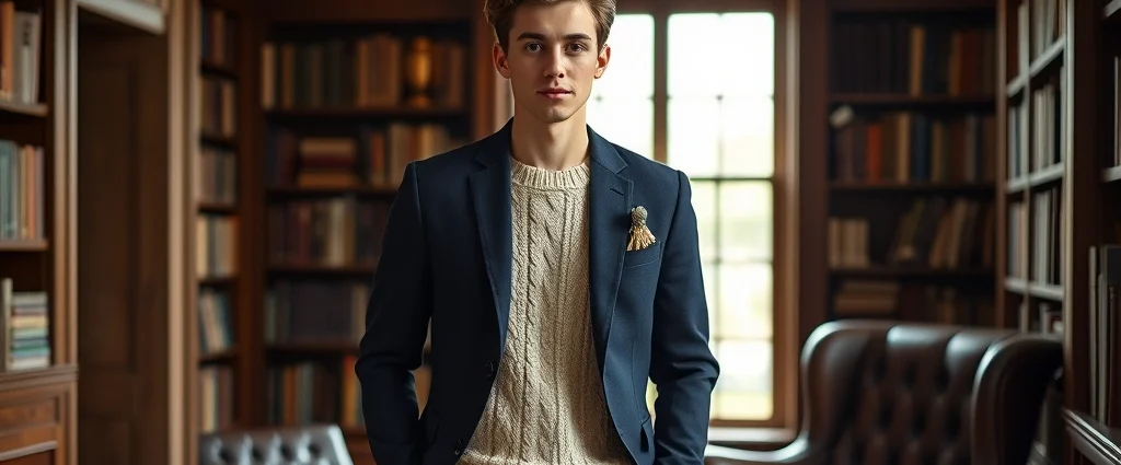 Young man wearing navy wool blazer with elbow patches over cream cable-knit sweater and charcoal trousers, standing in vintage library setting with leather armchair and bookshelves in background, natural window lighting