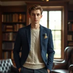 Young man wearing navy wool blazer with elbow patches over cream cable-knit sweater and charcoal trousers, standing in vintage library setting with leather armchair and bookshelves in background, natural window lighting