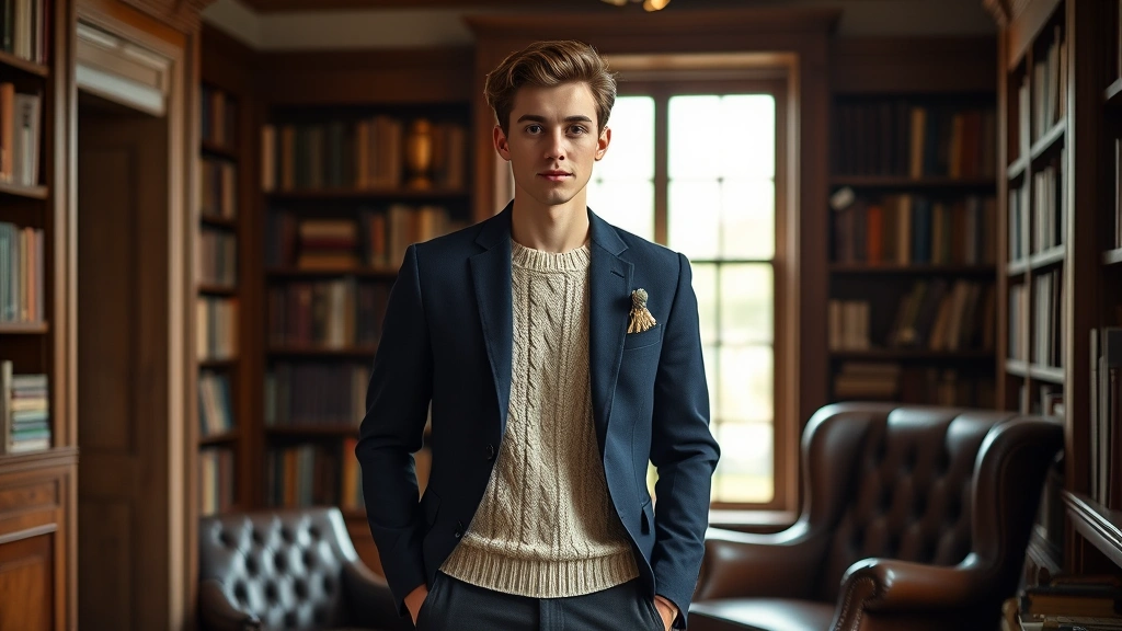 Young man wearing navy wool blazer with elbow patches over cream cable-knit sweater and charcoal trousers, standing in vintage library setting with leather armchair and bookshelves in background, natural window lighting