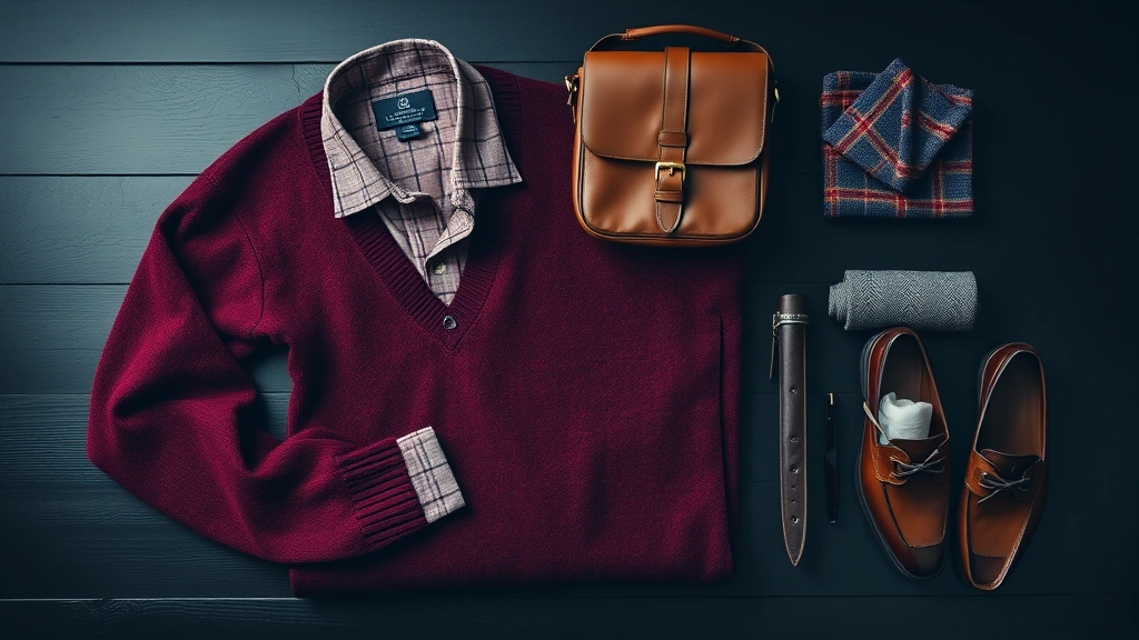 Flat lay composition of dark academia menswear essentials including burgundy wool sweater, Oxford cloth button-down shirt, vintage leather messenger bag, tortoiseshell eyeglasses, leather loafers, and tweed pocket square arranged artistically on dark wooden surface