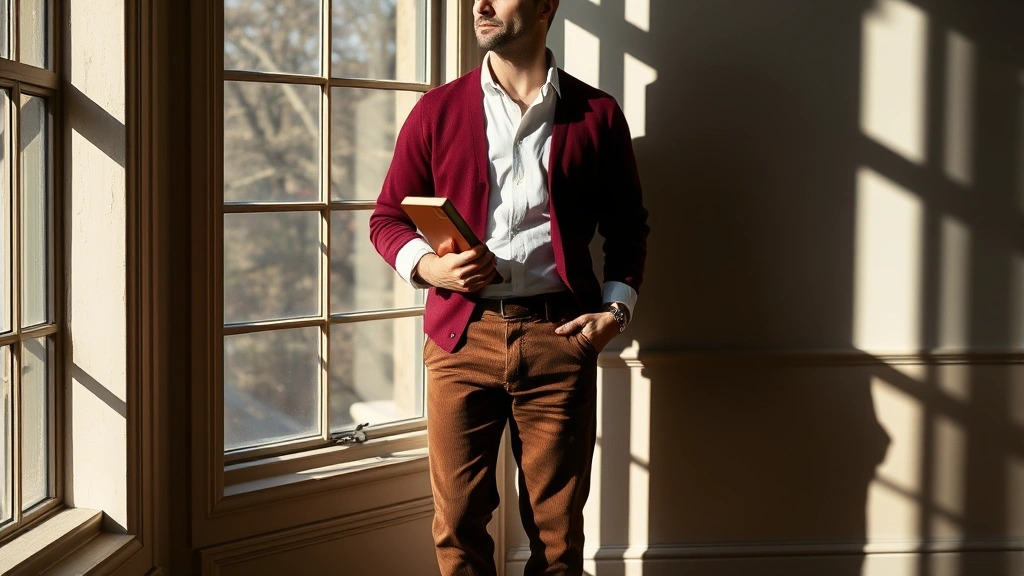 Man in burgundy cardigan layered over white linen shirt with vintage corduroy trousers and brown leather oxford shoes, holding leather-bound book, standing near tall window with afternoon sunlight creating dramatic shadows