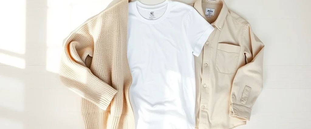 Overhead flat lay of organic cotton basics—white tee, neutral sweater, linen shirt arranged artfully on light wood surface, natural morning light, minimalist aesthetic, sustainable fashion foundation pieces