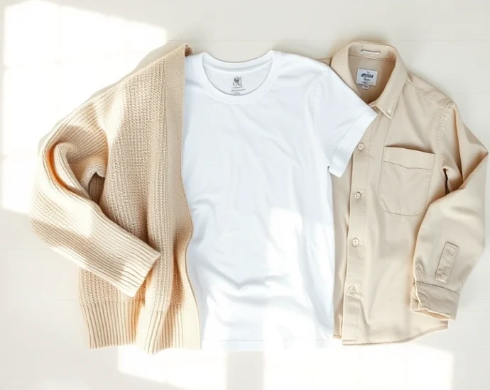 Overhead flat lay of organic cotton basics—white tee, neutral sweater, linen shirt arranged artfully on light wood surface, natural morning light, minimalist aesthetic, sustainable fashion foundation pieces