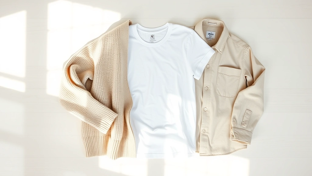Overhead flat lay of organic cotton basics—white tee, neutral sweater, linen shirt arranged artfully on light wood surface, natural morning light, minimalist aesthetic, sustainable fashion foundation pieces