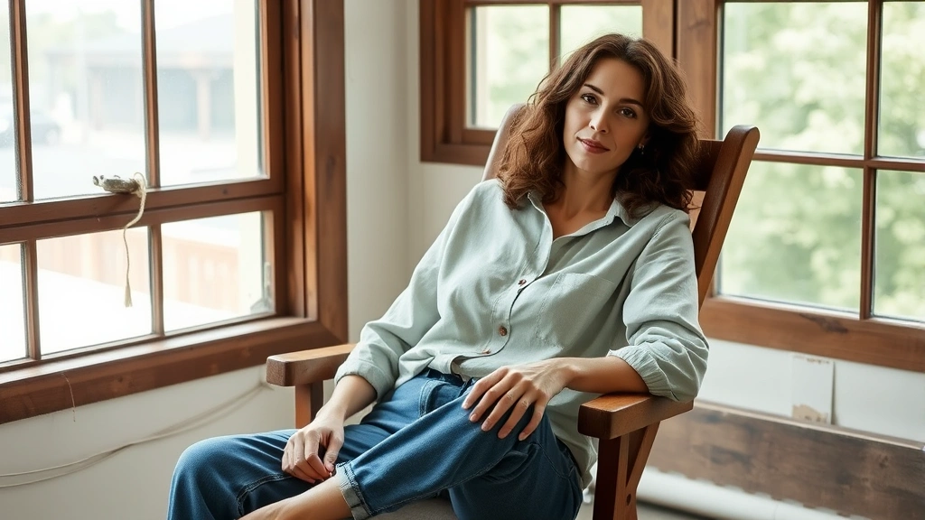 Woman in sustainable denim and organic linen button-up, sitting in vintage wooden chair near large window, natural light, thoughtful pose, showcasing quality basics, eco-conscious style inspiration