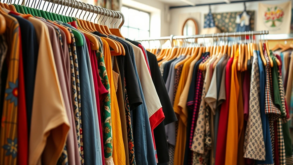 Colorful thrift store clothing racks with diverse vintage and sustainable pieces, warm natural lighting, close-up of hangers with variety, accessible secondhand shopping, budget-friendly sustainable fashion