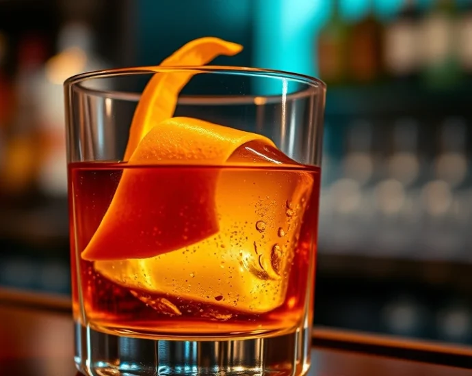 Close-up of a classic Old Fashioned cocktail in a rocks glass with a large ice cube and orange peel garnish, warm amber whiskey, professional bar setting with soft lighting
