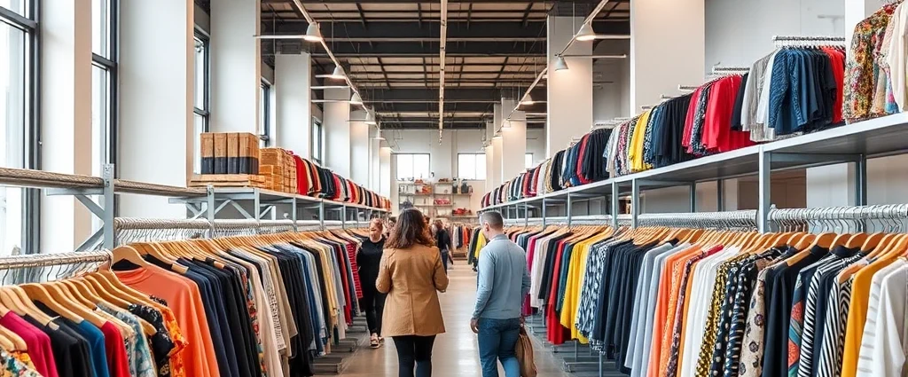 Organized discount fashion warehouse interior with racks of colorful clothing, natural lighting, shoppers browsing designer pieces, professional retail environment, contemporary store layout