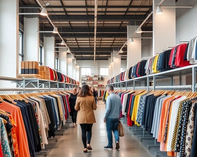 Organized discount fashion warehouse interior with racks of colorful clothing, natural lighting, shoppers browsing designer pieces, professional retail environment, contemporary store layout