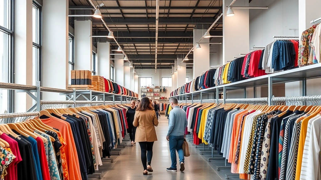 Organized discount fashion warehouse interior with racks of colorful clothing, natural lighting, shoppers browsing designer pieces, professional retail environment, contemporary store layout