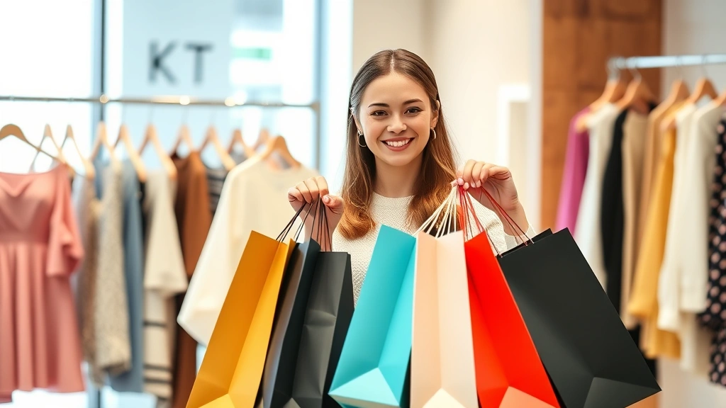 Woman holding multiple shopping bags examining discount fashion items with satisfied smile, bright boutique fitting room background, quality garments on display, confident shopper aesthetic