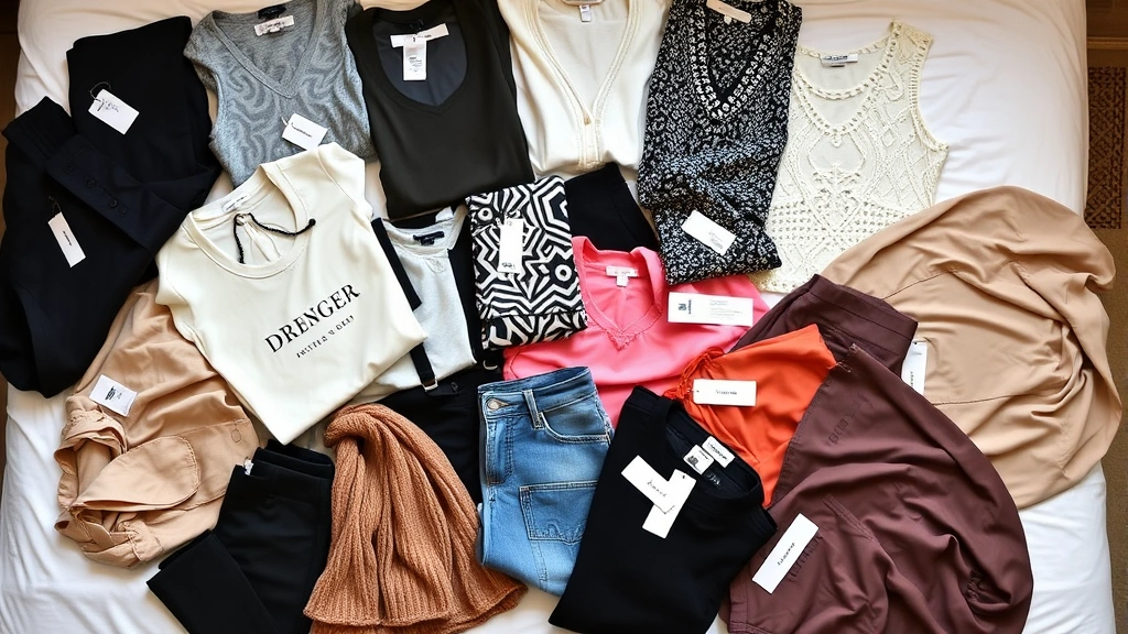 Overhead view of discount fashion haul spread on bed showing designer brands, variety of styles and colors, price tags visible, curated wardrobe pieces, shopping success moment