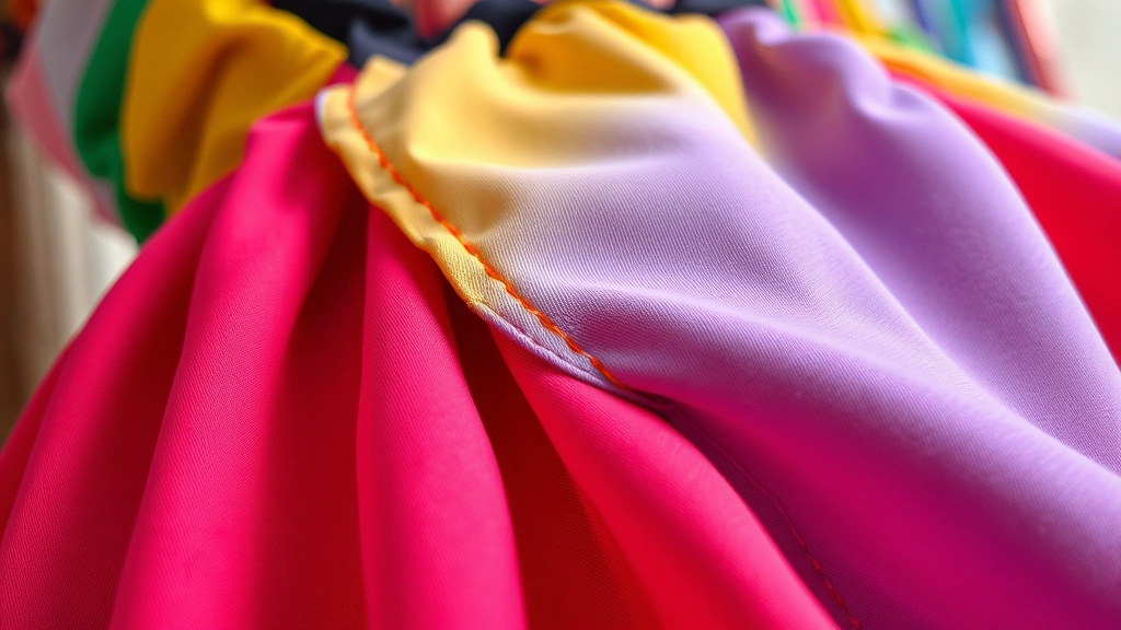 Close-up detail of fabric texture and stitching on vibrant colored dress, showing construction quality, natural lighting, fashion product photography
