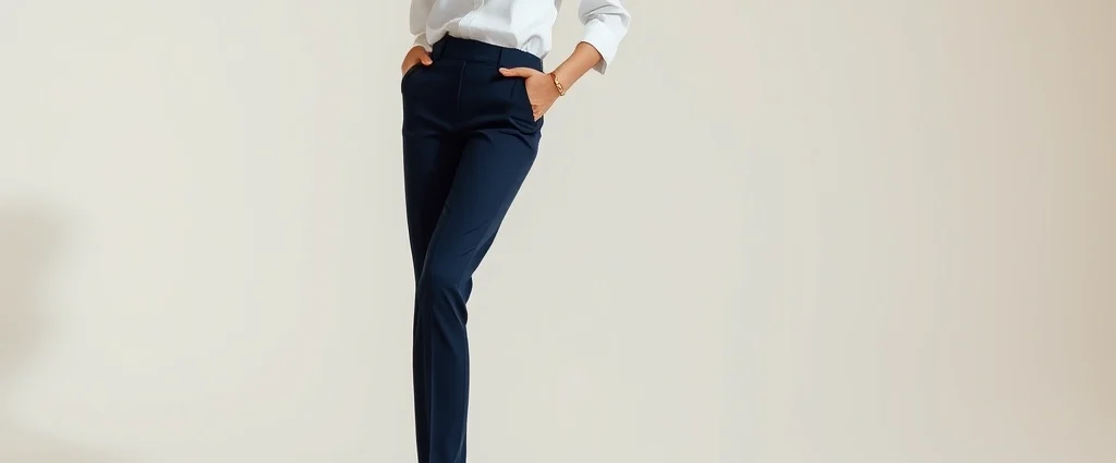 Elegant woman wearing tailored white button-down shirt with fitted navy trousers, classic leather loafers, minimal gold jewelry, sophisticated neutral palette, natural lighting, confident posture, editorial fashion photography