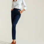 Elegant woman wearing tailored white button-down shirt with fitted navy trousers, classic leather loafers, minimal gold jewelry, sophisticated neutral palette, natural lighting, confident posture, editorial fashion photography