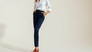 Elegant woman wearing tailored white button-down shirt with fitted navy trousers, classic leather loafers, minimal gold jewelry, sophisticated neutral palette, natural lighting, confident posture, editorial fashion photography