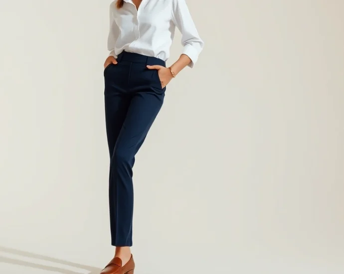 Elegant woman wearing tailored white button-down shirt with fitted navy trousers, classic leather loafers, minimal gold jewelry, sophisticated neutral palette, natural lighting, confident posture, editorial fashion photography