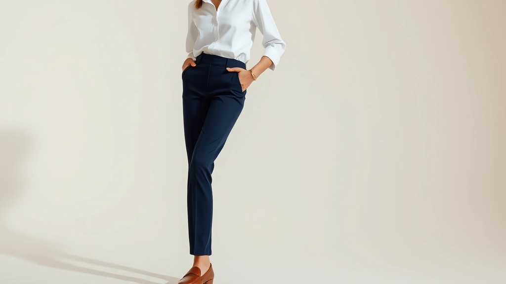 Elegant woman wearing tailored white button-down shirt with fitted navy trousers, classic leather loafers, minimal gold jewelry, sophisticated neutral palette, natural lighting, confident posture, editorial fashion photography