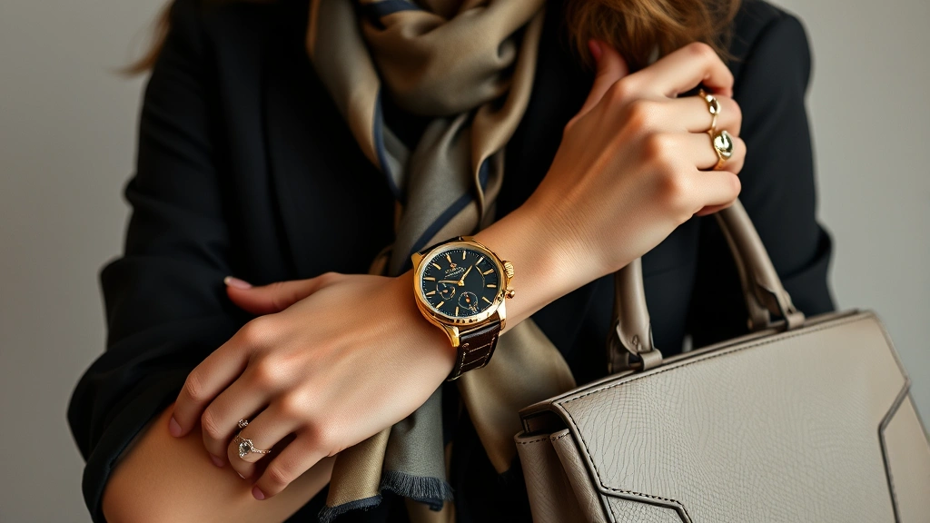 Chic woman accessorizing outfit with luxury watch, silk scarf, delicate bracelets, and structured handbag, demonstrating strategic accessorizing techniques, neutral background, fashion editorial style, refined sophistication
