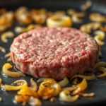 Close-up of perfectly caramelized golden-brown onions cooking on a hot griddle with a raw beef patty placed directly on top, steam rising, professional food photography, shallow depth of field