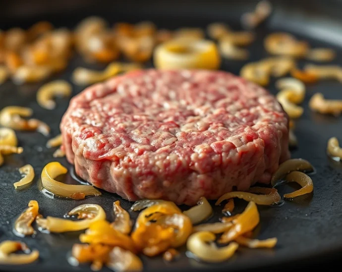 Close-up of perfectly caramelized golden-brown onions cooking on a hot griddle with a raw beef patty placed directly on top, steam rising, professional food photography, shallow depth of field